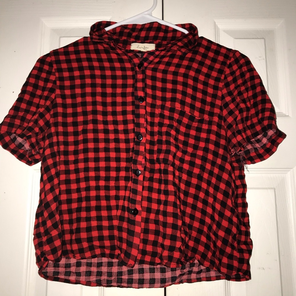 Red and black cropped button up shirt